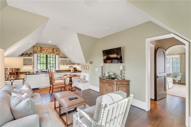 living room with wood-type flooring and lofted ceiling