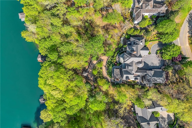 aerial view featuring a water view