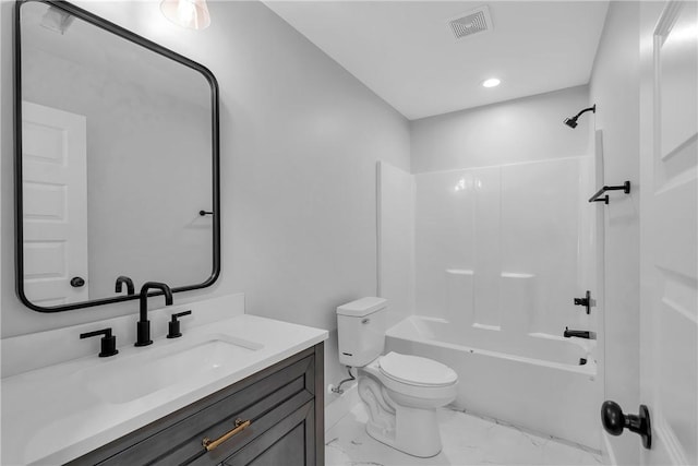 2510 Fleming Dr, Anderson, SC 29621 - bathroom featuring visible vents, vanity, toilet, marble finish floor, and washtub / shower combination