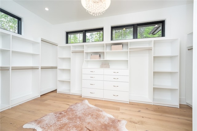 walk in closet featuring light hardwood / wood-style floors and an inviting chandelier