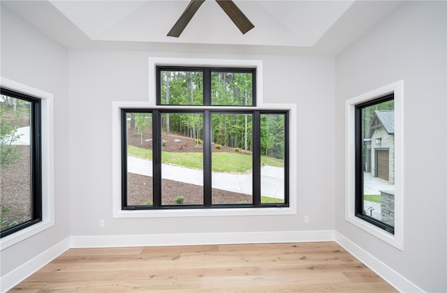 spare room with light hardwood / wood-style flooring, ceiling fan, and a healthy amount of sunlight