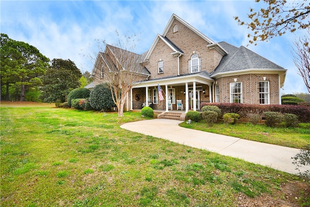 view of front of house featuring a porch and a front lawn