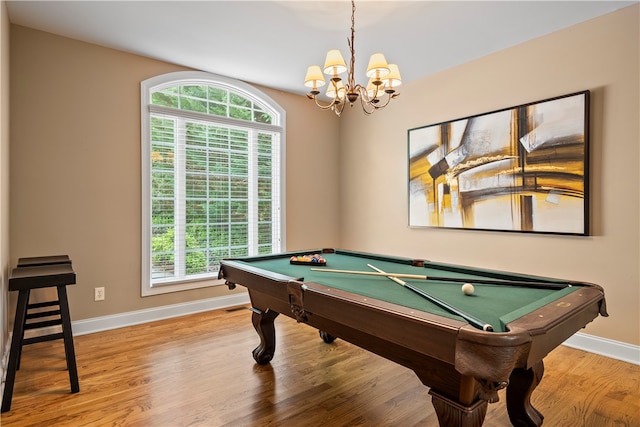 rec room with billiards and hardwood / wood-style floors