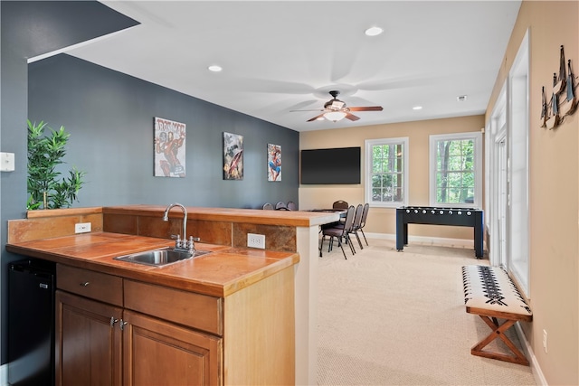 kitchen with light carpet, ceiling fan, wooden counters, and sink