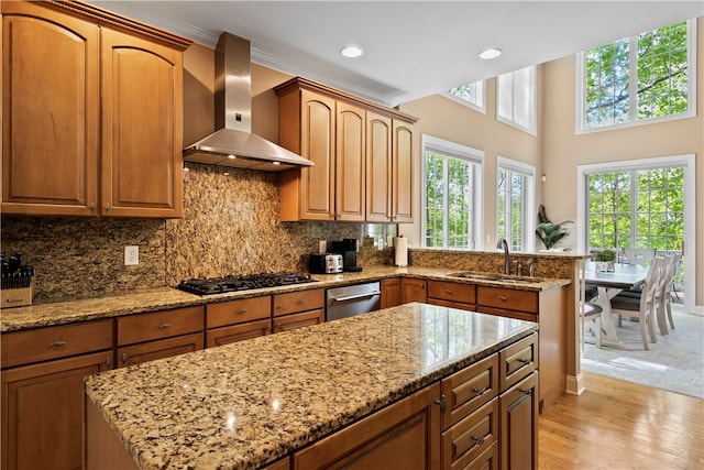 kitchen featuring light wood-type flooring, sink, wall chimney exhaust hood, backsplash, and appliances with stainless steel finishes