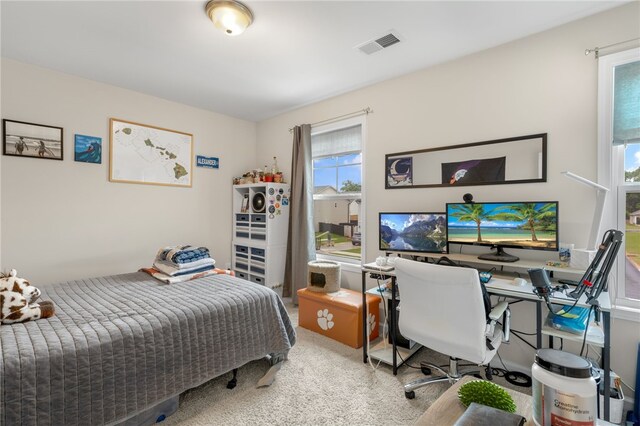 carpeted bedroom featuring multiple windows