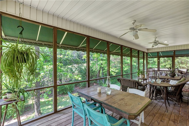 sunroom featuring ceiling fan and plenty of natural light