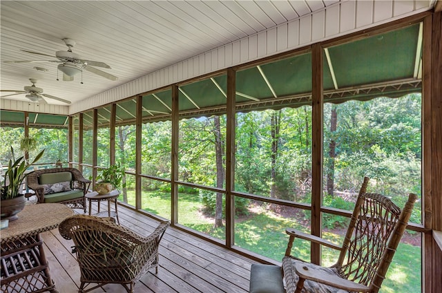 sunroom with wood ceiling and ceiling fan