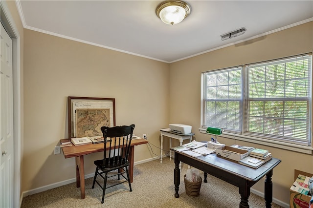 office space with light carpet and crown molding