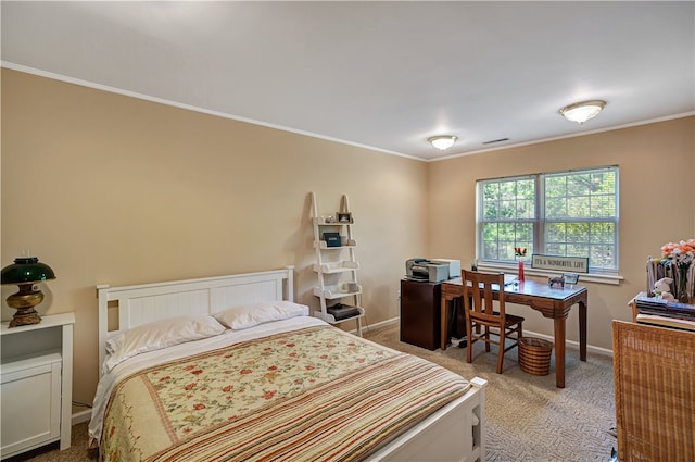 carpeted bedroom featuring ornamental molding