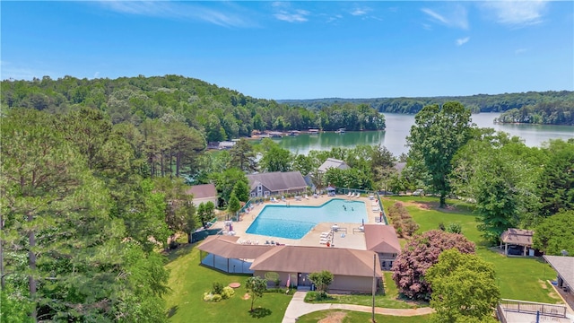 drone / aerial view with a water view