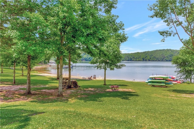 exterior space with a lawn and a water view