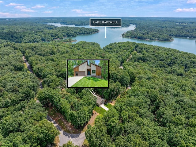 bird's eye view with a water view and a wooded view