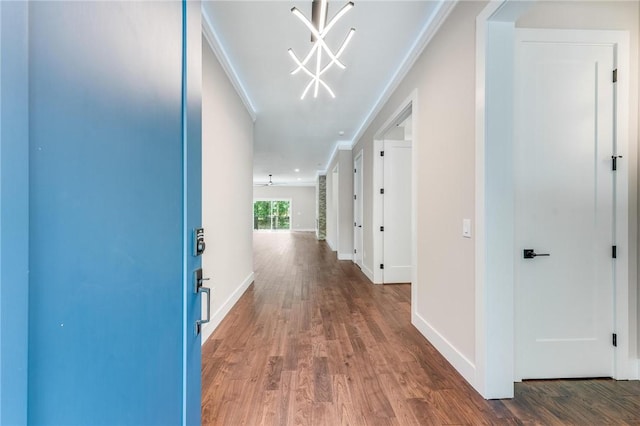 hall featuring baseboards, wood finished floors, and ornamental molding