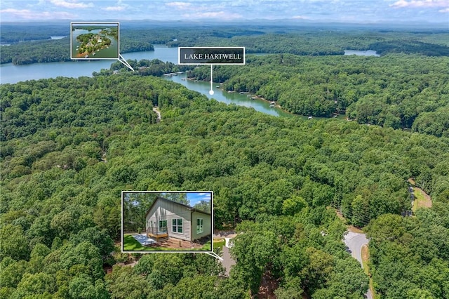 birds eye view of property with a forest view and a water view