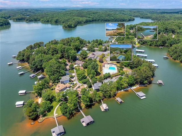 bird's eye view with a water view and a forest view