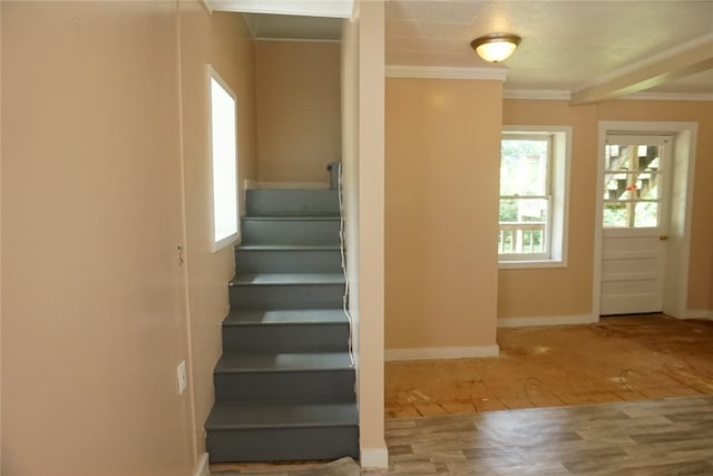 stairway featuring hardwood / wood-style flooring and crown molding