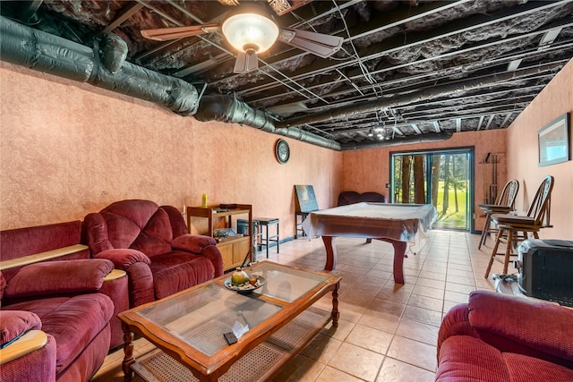 playroom with tile patterned flooring, ceiling fan, and billiards