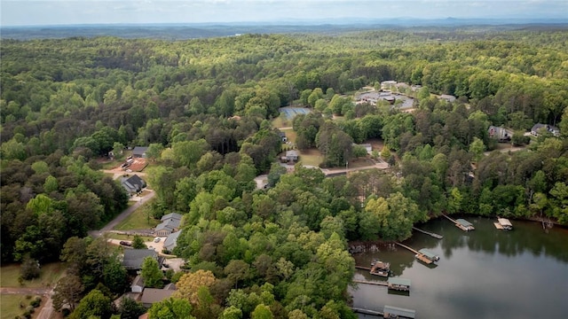birds eye view of property with a water view and a wooded view