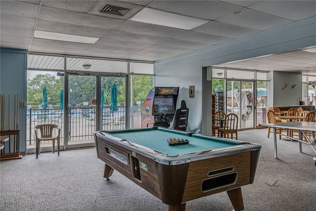 playroom featuring visible vents, carpet flooring, a drop ceiling, and pool table