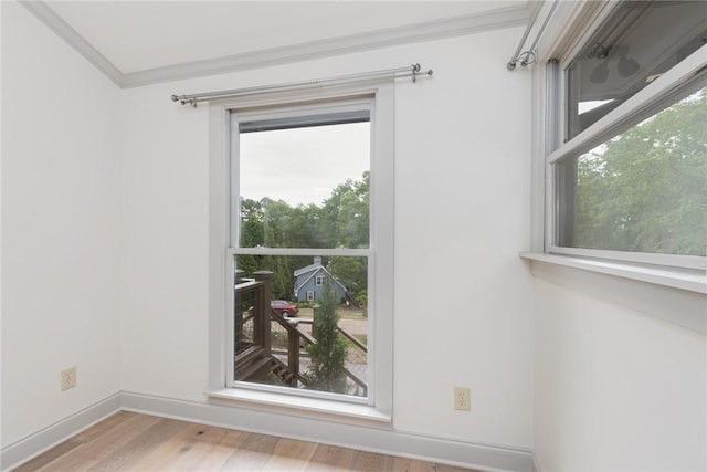 interior space featuring wood finished floors, baseboards, and ornamental molding
