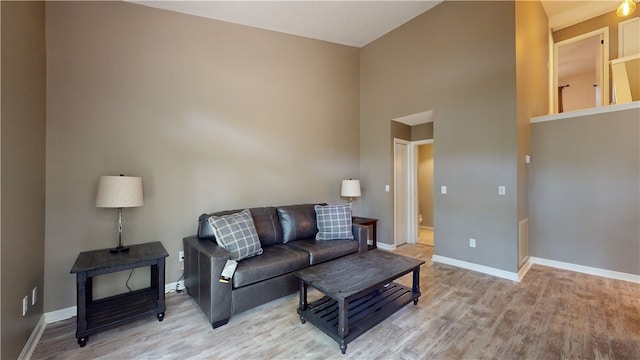 living room featuring hardwood / wood-style flooring and a high ceiling