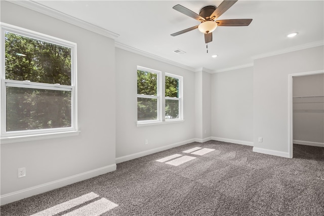 unfurnished bedroom featuring a closet, a spacious closet, ceiling fan, ornamental molding, and carpet floors