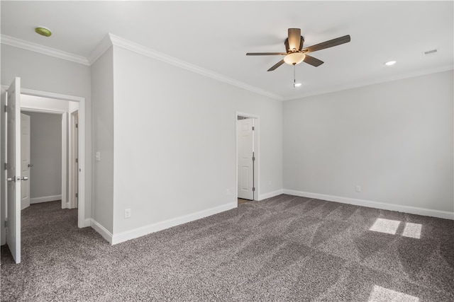 carpeted empty room with crown molding and ceiling fan