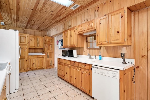 kitchen featuring light tile patterned flooring, white appliances, wood ceiling, and sink