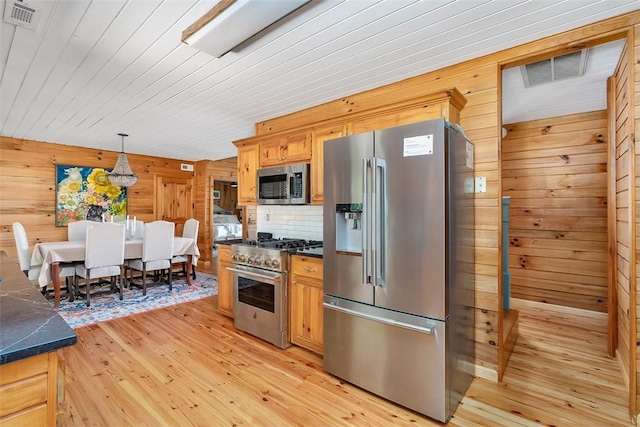 kitchen featuring pendant lighting, light hardwood / wood-style flooring, wooden walls, high end appliances, and tasteful backsplash