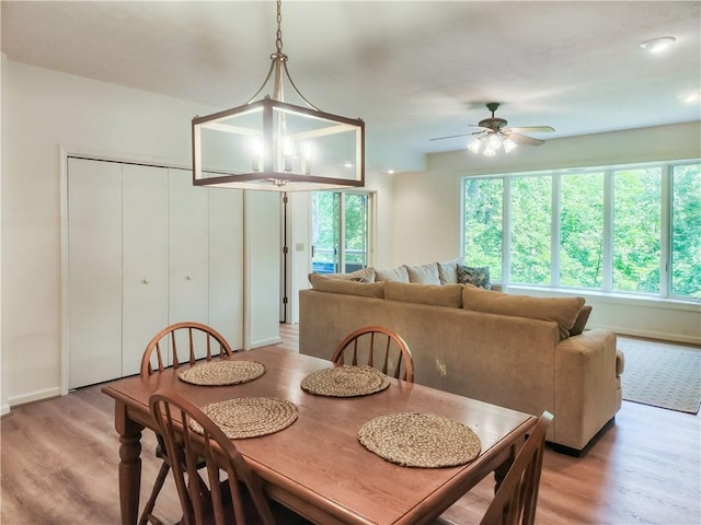 dining space with light hardwood / wood-style flooring and ceiling fan with notable chandelier