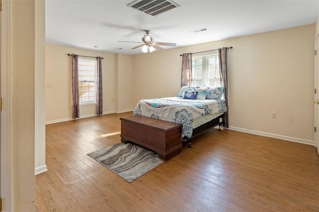 bedroom featuring ceiling fan and light hardwood / wood-style floors