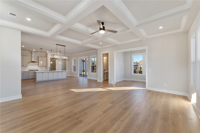 unfurnished living room featuring beam ceiling, coffered ceiling, light wood-type flooring, and ceiling fan