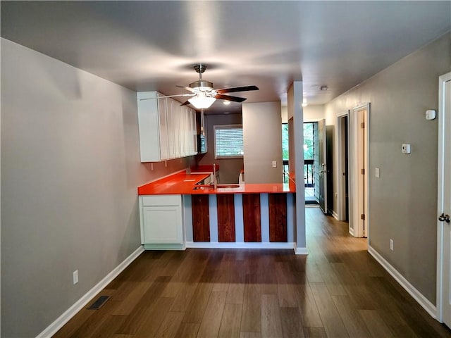 kitchen with white cabinetry, ceiling fan, dark hardwood / wood-style floors, and sink