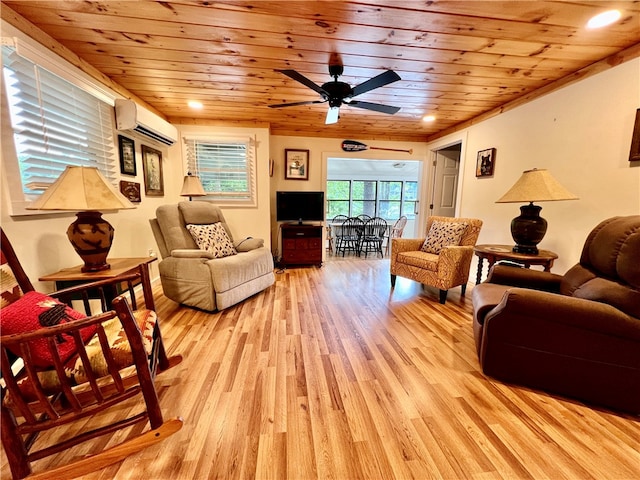 living room featuring wood ceiling, ceiling fan, a wall mounted AC, and light hardwood / wood-style flooring