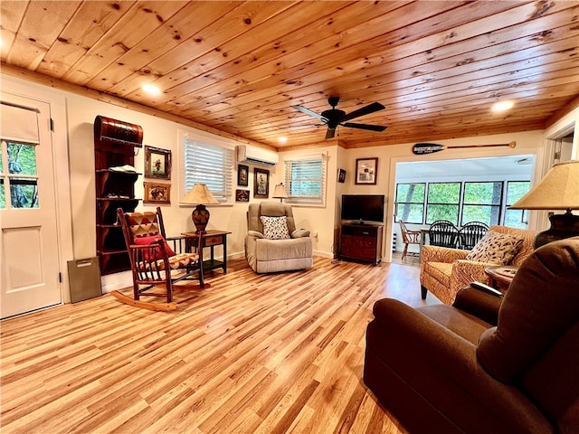 living room featuring wooden ceiling, light hardwood / wood-style floors, ceiling fan, and a wall mounted AC