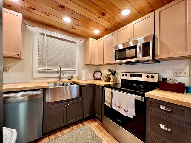 kitchen with wood ceiling, sink, butcher block counters, light hardwood / wood-style flooring, and appliances with stainless steel finishes