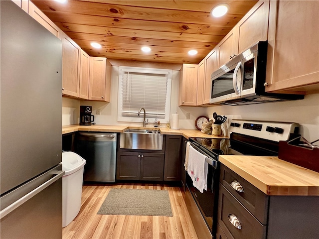 kitchen with stainless steel appliances, light wood-type flooring, sink, and wood ceiling