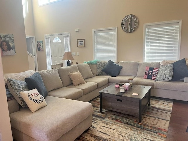 living room with wood-type flooring and a high ceiling