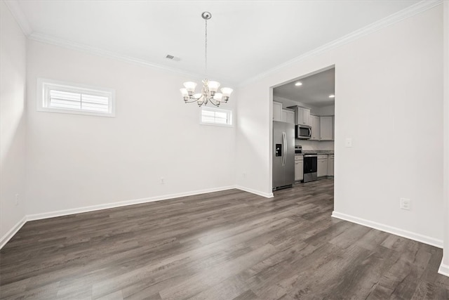 unfurnished dining area with crown molding and dark hardwood / wood-style flooring