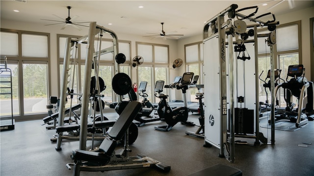 workout area with ceiling fan