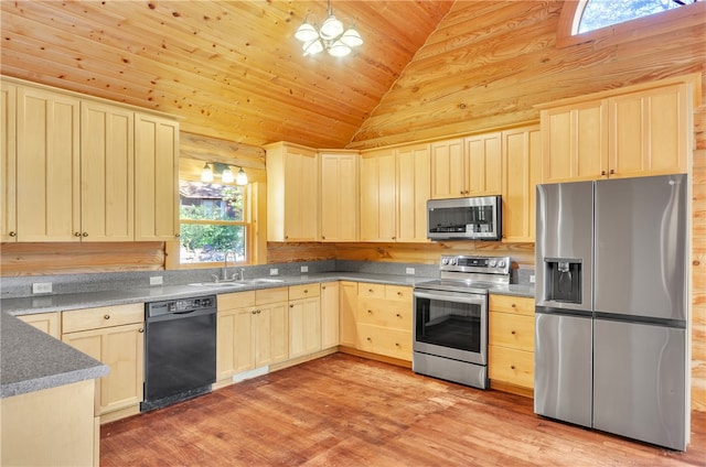 kitchen with light hardwood / wood-style floors, stainless steel appliances, high vaulted ceiling, and sink