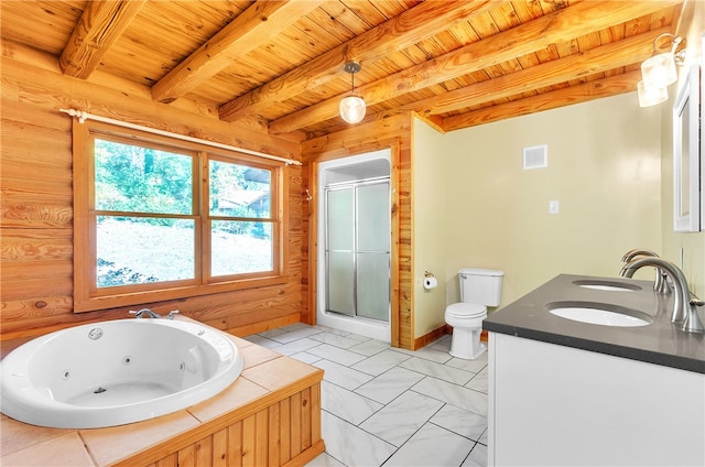 full bathroom with shower with separate bathtub, toilet, wooden ceiling, tile patterned floors, and beamed ceiling