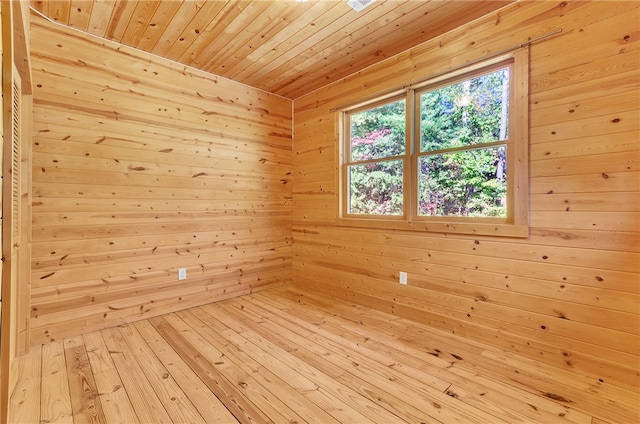 view of sauna with wood ceiling, hardwood / wood-style flooring, and wood walls