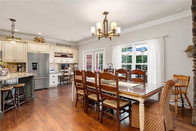 dining room featuring french doors, a notable chandelier, dark hardwood / wood-style floors, and ornamental molding