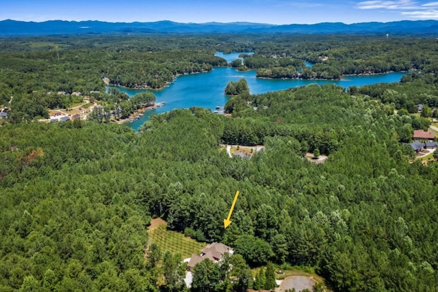 aerial view featuring a water and mountain view