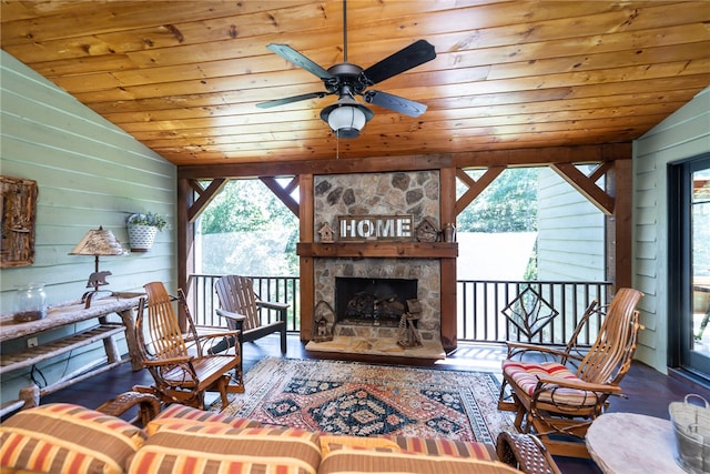 exterior space with a healthy amount of sunlight, wood ceiling, and vaulted ceiling