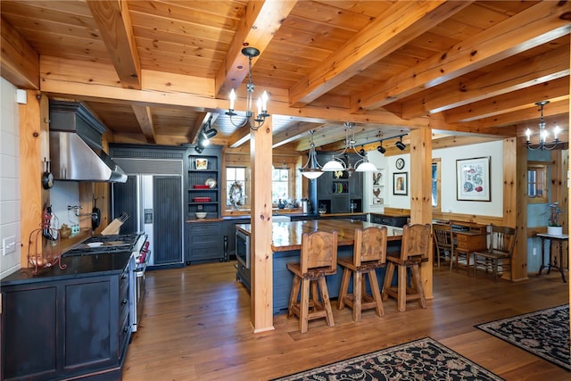 kitchen featuring wood ceiling, beamed ceiling, dark wood-type flooring, kitchen peninsula, and decorative light fixtures