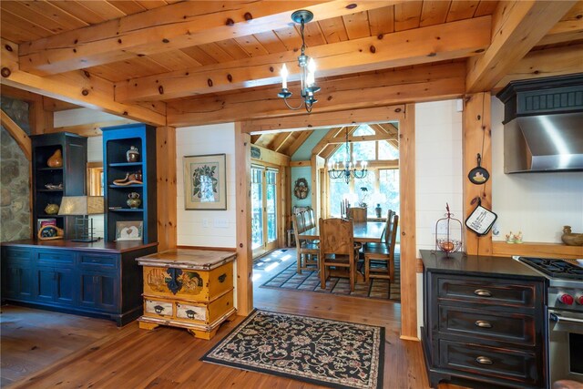 interior space with an inviting chandelier, wood ceiling, beamed ceiling, and dark hardwood / wood-style flooring