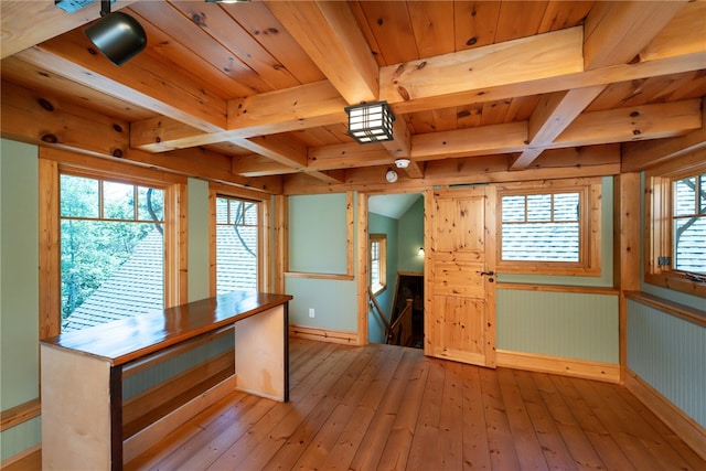 kitchen with light hardwood / wood-style flooring, a wealth of natural light, and wood ceiling